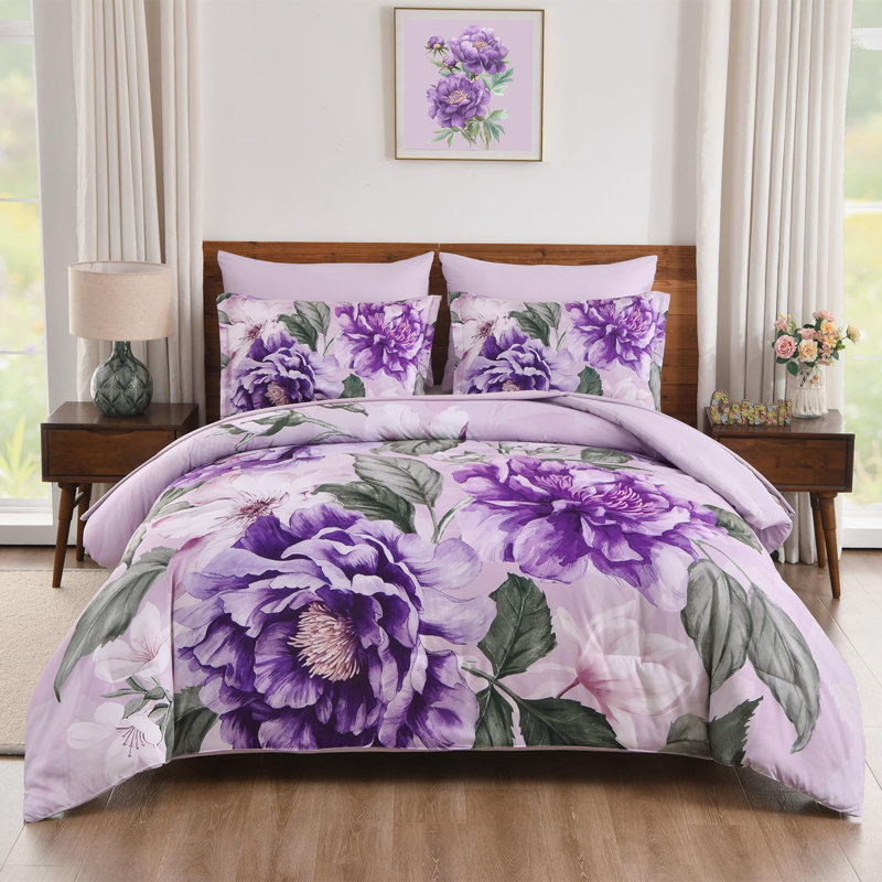 Ensemble d'édredon floral 7 pièces, lit doux dans un sac avec draps, Floral mauve