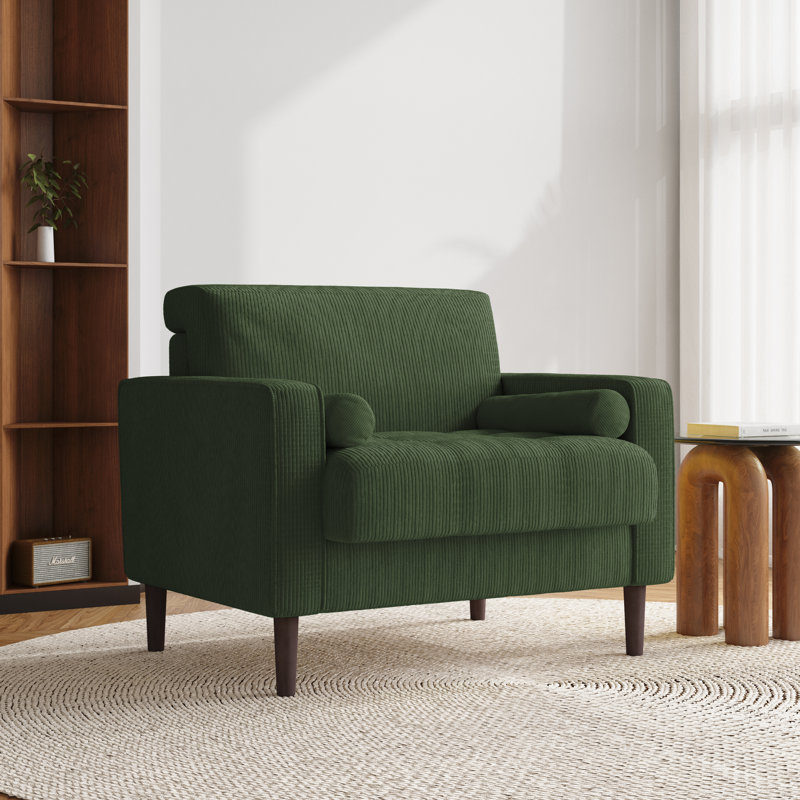 Iliana Upholstered Green Corduroy Square Arm Tufted Club Chair with 2 Pillows, Green Corduroy