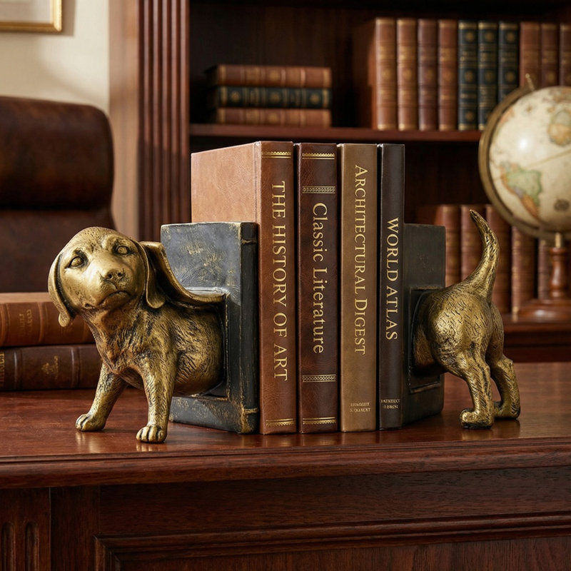 2Pcs Resin Cuty Puppy Bookends,  Sulptural Dog Book Holders With Heavy Duty & Non-Slid Pads