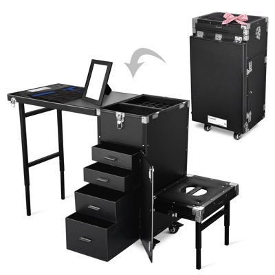 BYOOTIQUE Manicure Table Workstation w/ Pedicure Stool Nail Tech Desk|Lockable,4 Drawer Detachable Wheels,Portable Nail Table for Nail Tech,Travel Vanity Case,Oncall Manicurist
