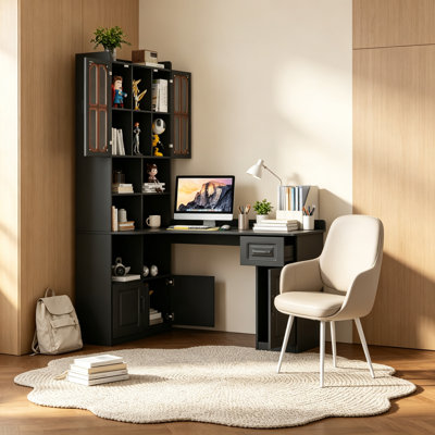 Bureau en coin 52,56 pouces avec bibliothèque et armoire de porte en verre, bureau en L avec huche et armoire de rangement, noir