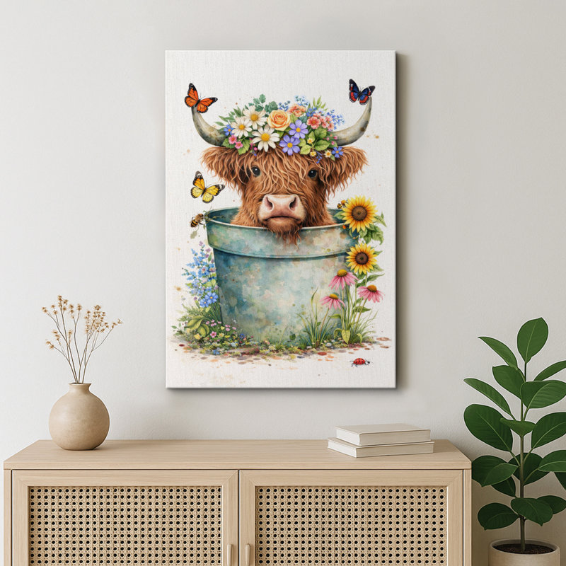 Mignonne vache des Highlands en pot de fleur, dessin animalier fantaisiste, H 24 po x l 16 po x P 1,5 po, Toile tendue