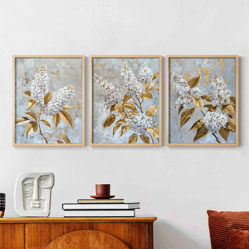 Série d'étude florale Lxxxv - ensemble de 3 estampes numériques encadrées - prêt à être accroché, Naturel, H 10 po x l 24 po
