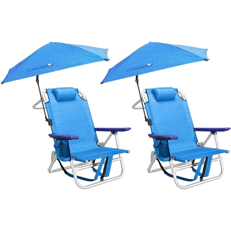 2pcs Beach Chair, Backpack Chairs For Adults With Adjustable Umbrella， Adjustable Lounge Chair For Seaside, Dark Blue, 2