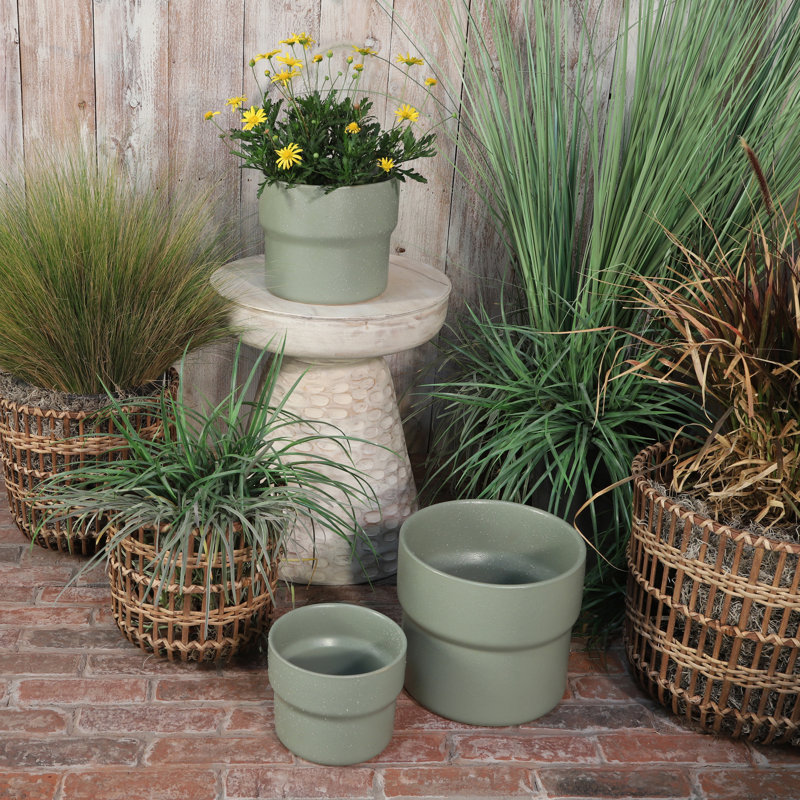 Mushroom Set of Three Ceramic Planters - 10" x 10" x 9", Green