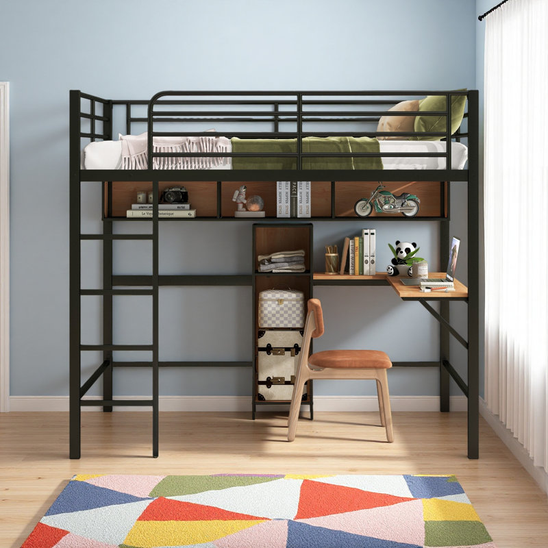 Lit mezzanine double en métal et en bois avec bureau en L et tablettes