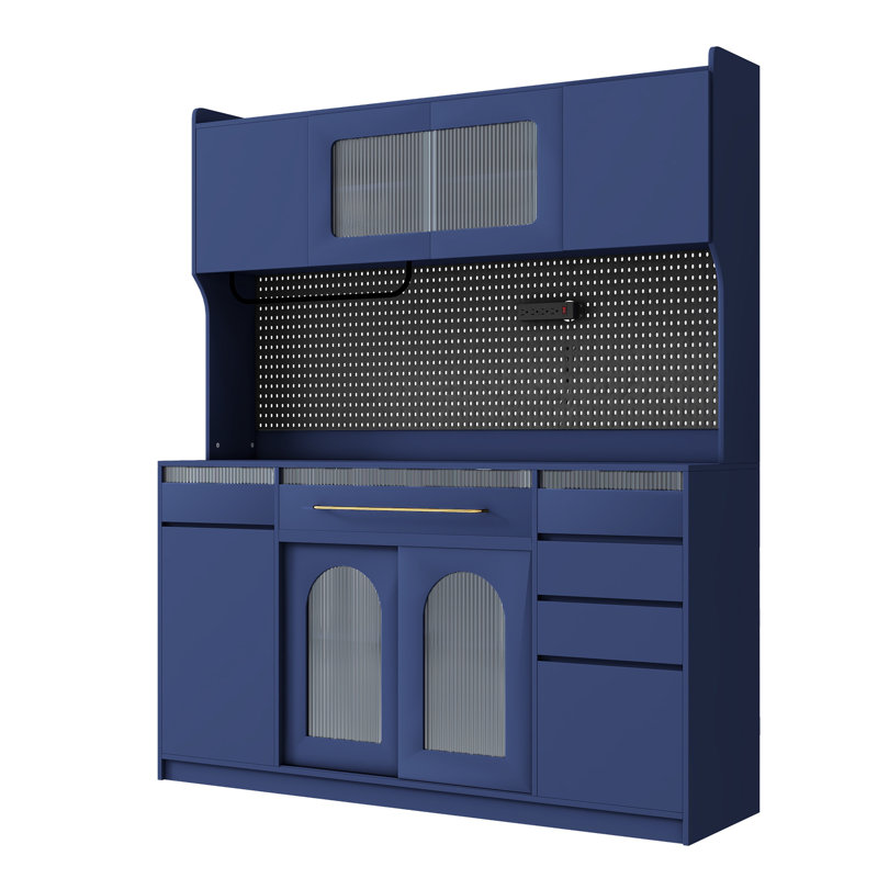 Buffet autoportant de 63 po de largeur avec huche, grande armoire de rangement pour bar à café avec 6 tiroirs, 5 armoires avec tablettes réglables, panneau perforé, porte-serviettes, prise de courant