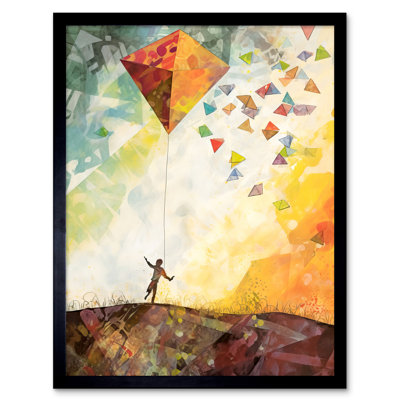 Bradham Child Flying Big Kite In Rainbow Colour Sunset Sky - Single Picture Frame Print