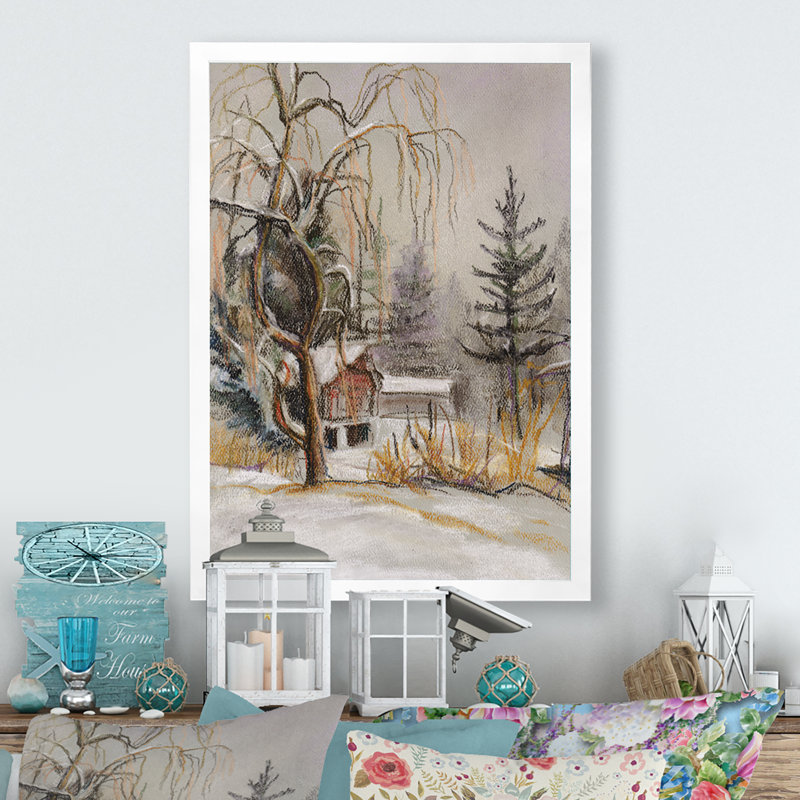 Winter Village Landscape II - peinture, H 12 po x l 8 po x P 1 po, Cadre photo blanc