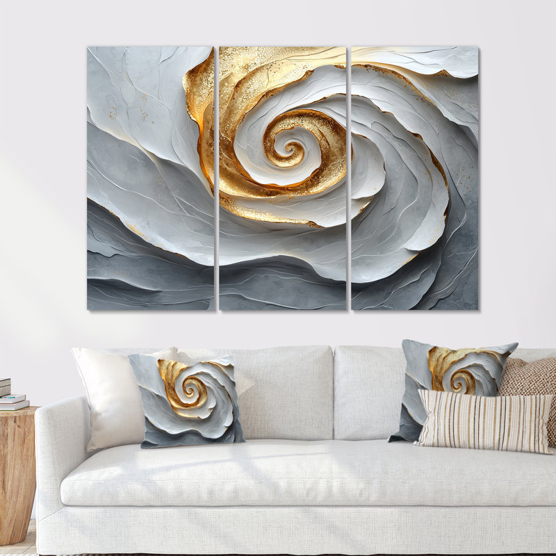 Ensemble de salon art mural blanc et or Dance of Joy I - Abstract Spirals, Métal métal, H 28 po x l 36 po x P 1 po