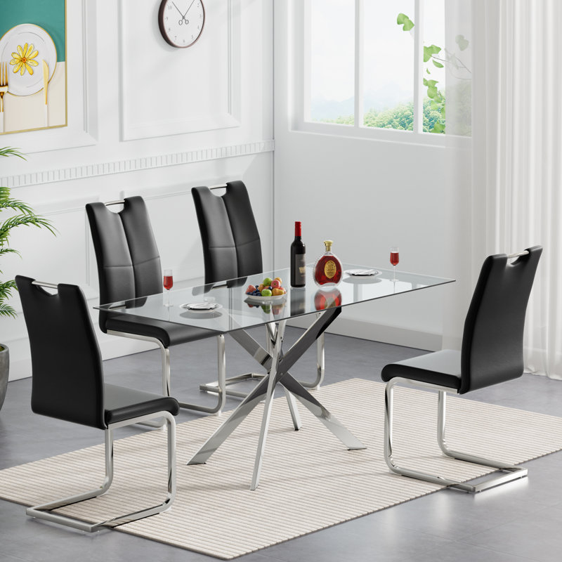 Glass Dining Table Set, Modern Glass Kitchen Table and Chairs, Dining Room Table Set with 51" Glass Dinner Table & Faux Leather Chairs for Small Space,Home, Apartment