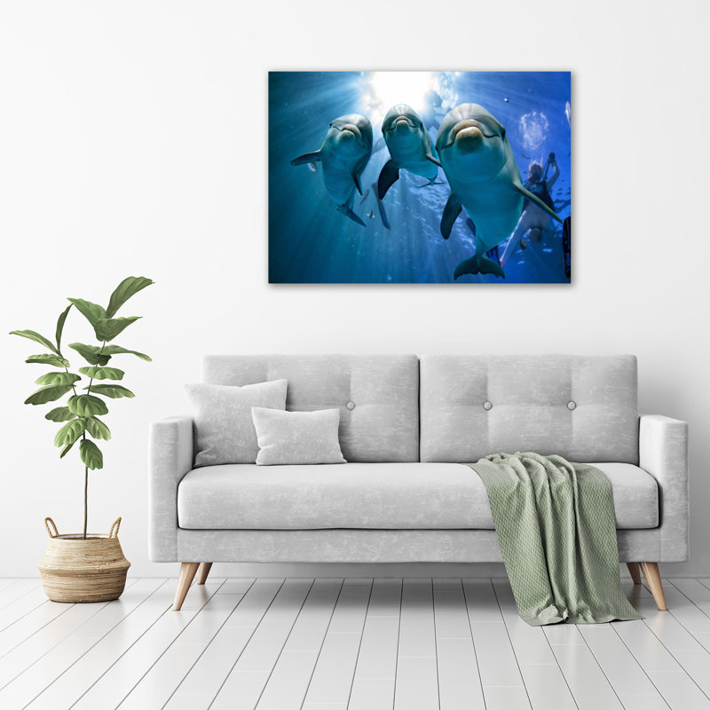Glass Print Wall Art 100X70cm Image Printed On Glass Decorative Wall Picture Behind Toughened / Tempered Safety Real Glass For Kitchen & Living Room Theme:Three Dolphins