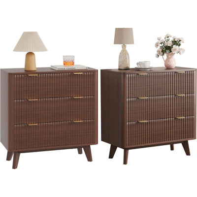 32" Width Fluted Nightstand Set of 2, Modern 3 Drawer Bedside Table with Faux Marble Top, Wood Chest of Bedside Table with Curved Profile, End Table f