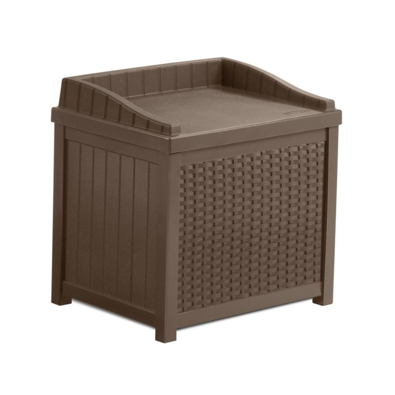 Suncast Wicker 22 Gallon Water Resistant Resin Deck Box with Storage Seat in Java