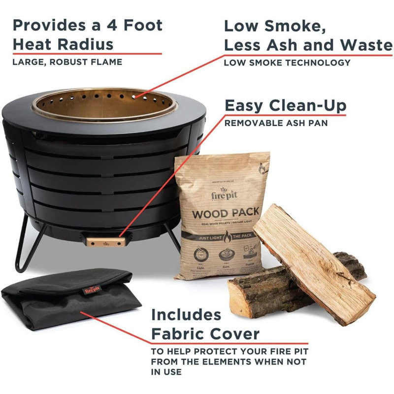 Brand Smokeless 25 in. Patio Fire Pit, Wood Burning Outdoor Fire Pit - Includes Wood Pack, Modern Design with Removable Ash Pan and Weather Resistant Cover, Black