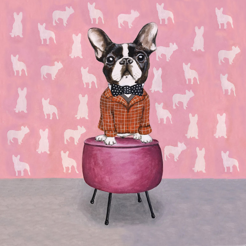 Bouledogue français sur pouf - peinture, H 20 po x l 20 po, Cadre photo noyer, Oui