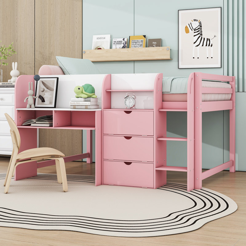 Full Wooden Loft Bed With Desk And Shelves And Whiteboard And Cabinets, Pink
