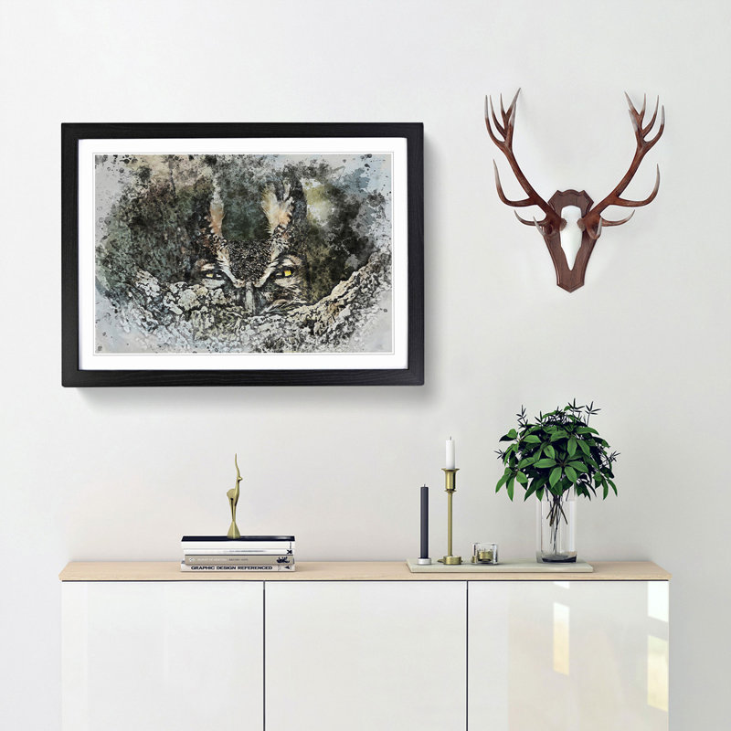 Long-Eared Owl in Abstract - Picture Frame Painting Print, 27cm H x 36cm W x 2cm D, Black Framed