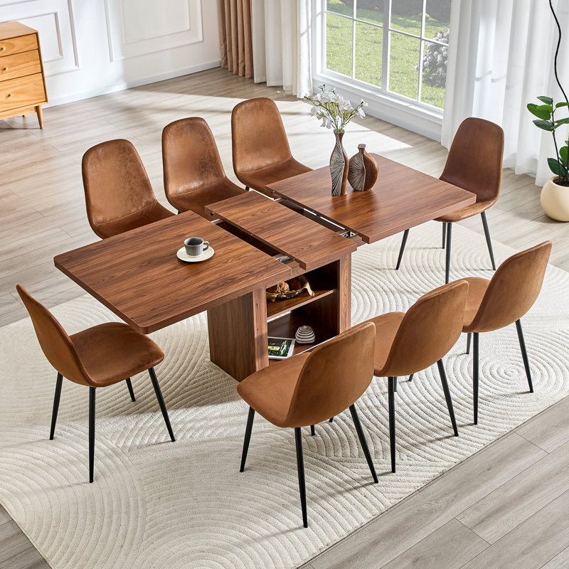Ensemble de table de salle à manger extensible Modern, 9 pièces : table, 8 chaises, Brun / Noir