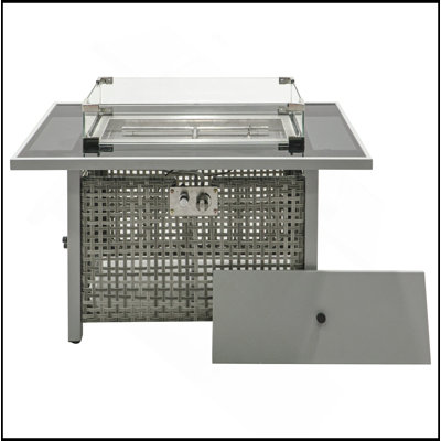 43" Propane Gas Fire Pit Table, 60000 BTU Rectangular Open Weave Wicker Fire Pit With Glass Wind Guard For Outside Patio Deck Garden Backyard