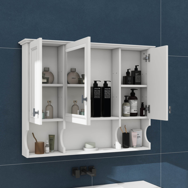 Armoire murale de salle de bain 35 po x 28 po avec miroir, armoire à pharmacie à trois portes et tablettes ouvertes, Blanc
