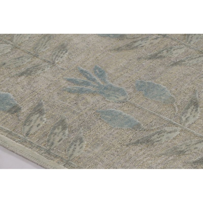 Rug & Kilim’S Block Print Rug With Beige-Gray And Steel Blue Florals
