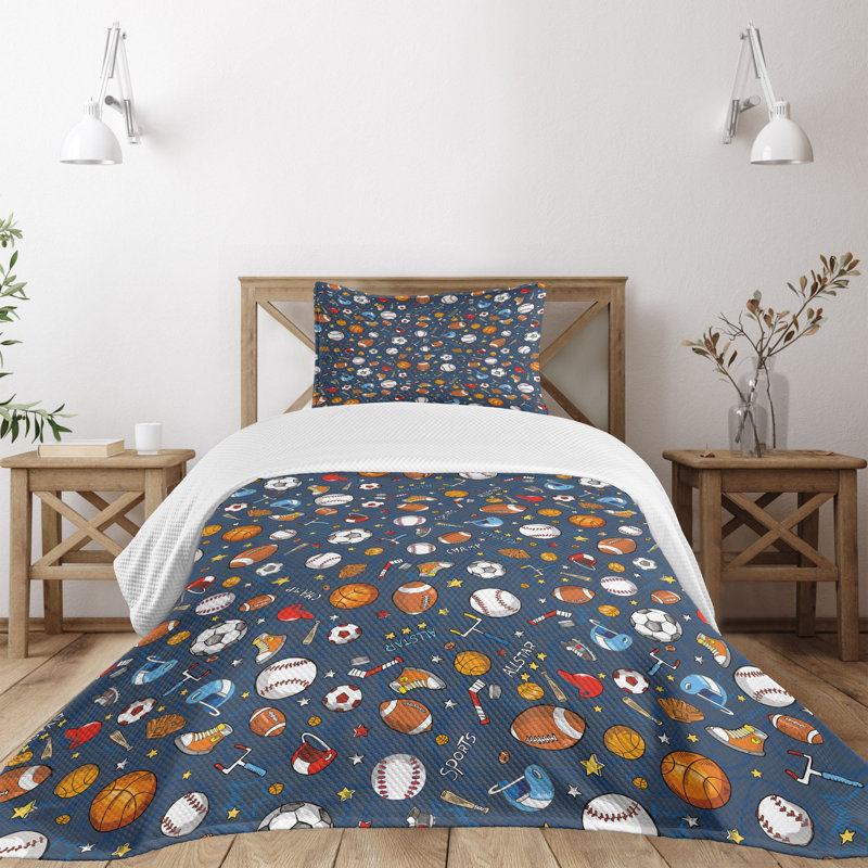 Twin Kids Sports Themed Blue Polyester Bedspread Set