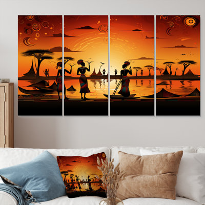 Traditional Woman By The Nile - African Art Wall Art Decor 4 Piece