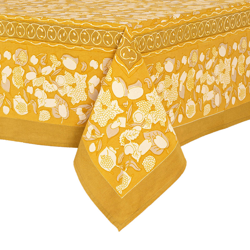 Forest Harvest Handmade Floral Tablecloth, Mustard/Gray, 71" x 71"