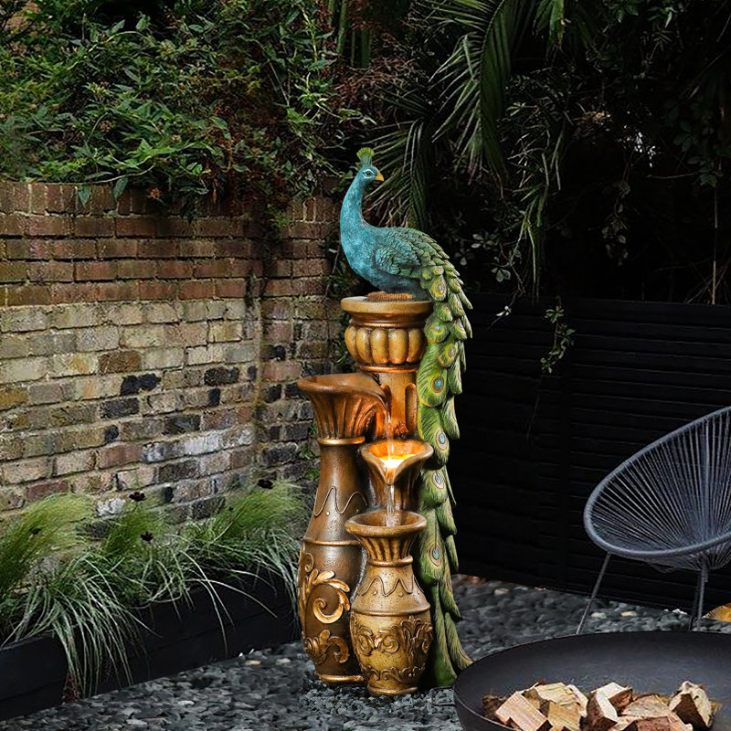 43.8'' H Peacock Outdoor Water Fountain with LED Lights, Resin Tiered Garden Fountain with Adjustable Flow