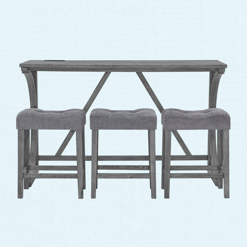 Ensemble de table de bar 59 po avec prises électriques 59 po, 3 tabourets rembourrés, ensemble de table de salle à manger 4 pièces à hauteur de comptoir
