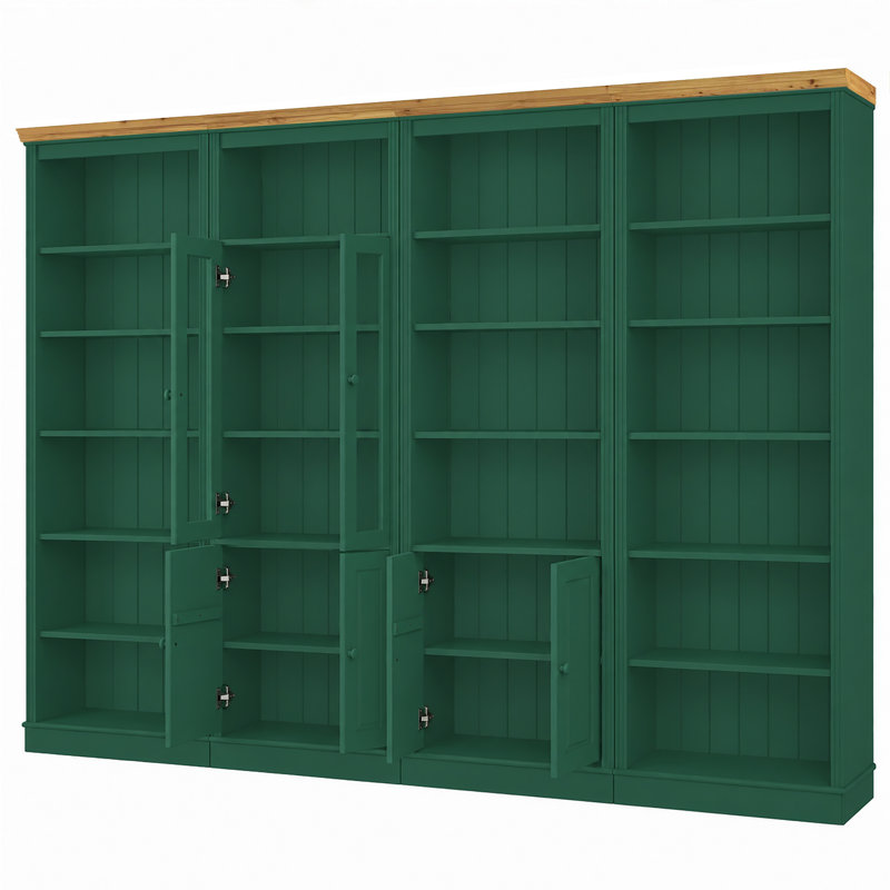 Fieldway Solid Wooden Library Bookcase H:223 W:296cm, Green/Honey