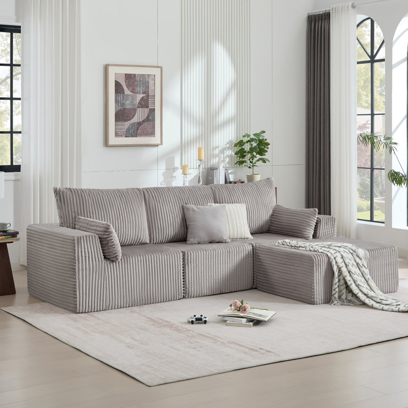 Boneless 108" Modular Sofa Corduroy Modern L Shaped Sectional For Living Room, Light Gray Corduroy