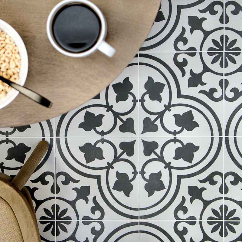 Cascais 9x9 Matte Porcelain Tile, White Ornate