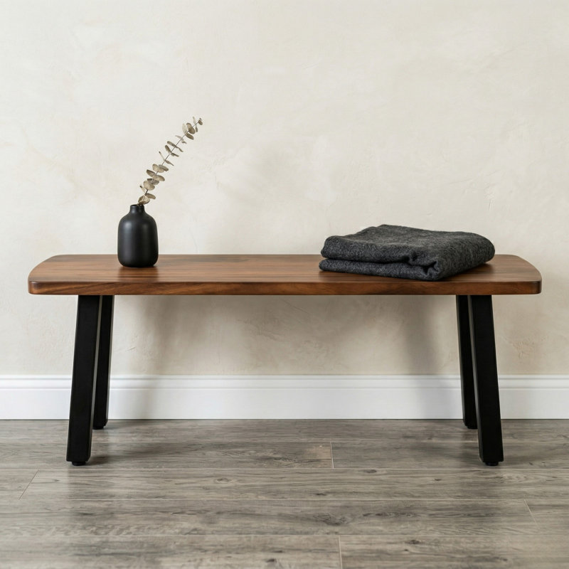 Entryway Bench with Solid Walnut Top and Metal Legs, 17.5" H x 48" W x 14" D