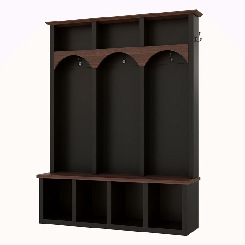 Farmhouse Wooden Style Hall Tree With Arched Design, Practical Entryway Walnut Storage Bench With 5 Black Hooks, Minimalist 4-In-1 Hallway Shoe Cabinet With 7 Cubbies For Mudroom, Living Room