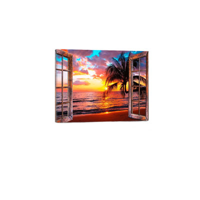 Fenêtre rouge vue d'Hawaï, palmier tropical, coucher de soleil, paysage marin, cadre en bois à l'arrière, décoration murale, art mural 24 x 36 po