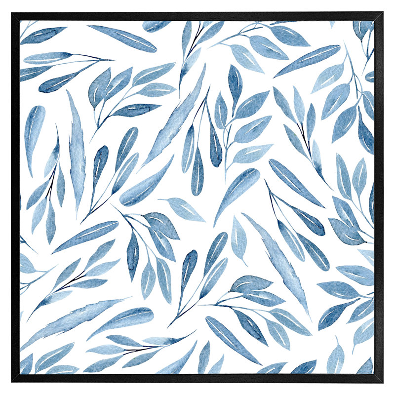 Olena Watercolour Blue Branches With Leaves - Single Picture Frame Print, Black Framed, 31cm H x 31cm W x 4cm D