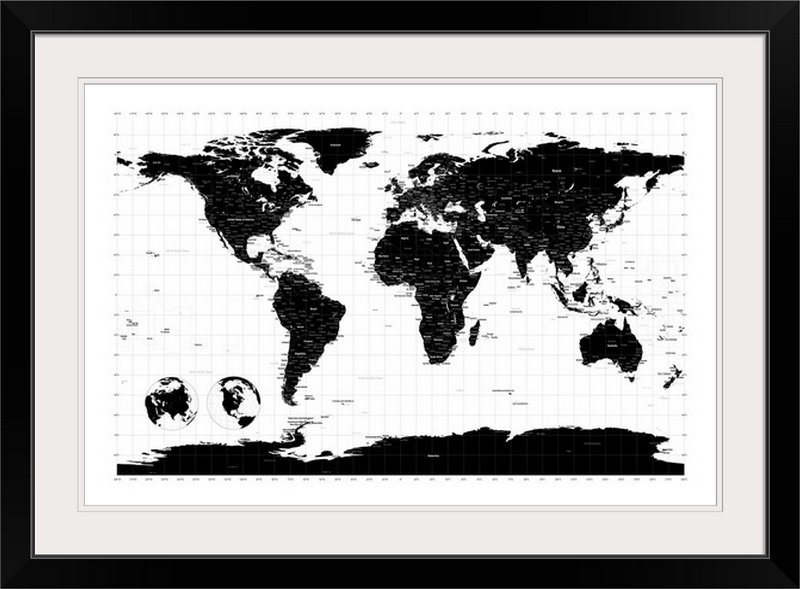 Francy «World Map» par Bellen, impression, H 20 po x l 26 po x P 1 po, Cadre noir