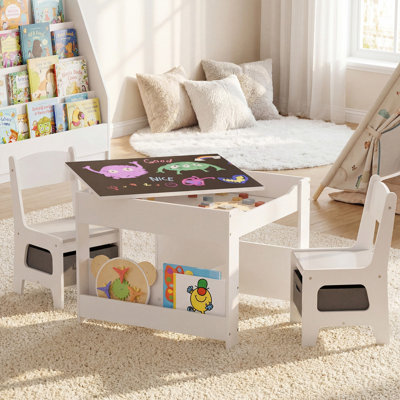 Ensemble de table et de chaises pour enfants 4 en 1, plateau de table réversible avec bibliothèque latérale et tiroir de rangement, mobilier pour tout-petits pour salle de jeux