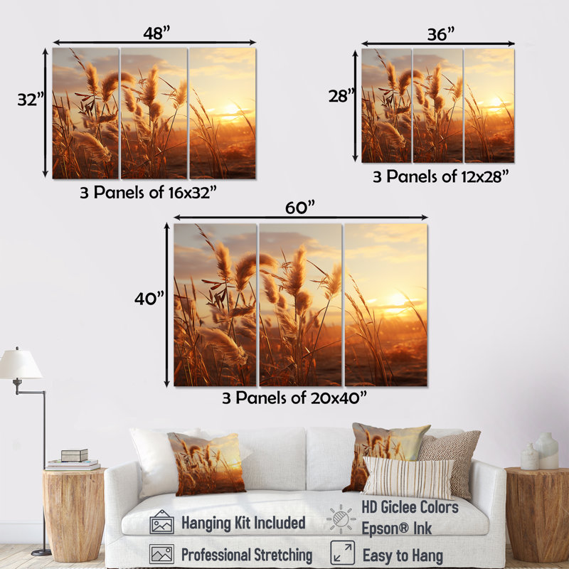 «Sunset Summer Meadows I» - ensemble d'art mural prairies, H 40 po x l 60 po x P 1 po
