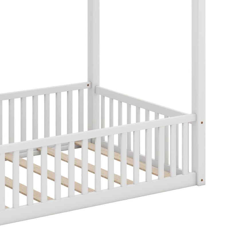 Twin Over Twin Bunk Bed With Door Fence And Storage Staircase, Wood Floor Bunk Bed Frame With Safety Guardrails, White
