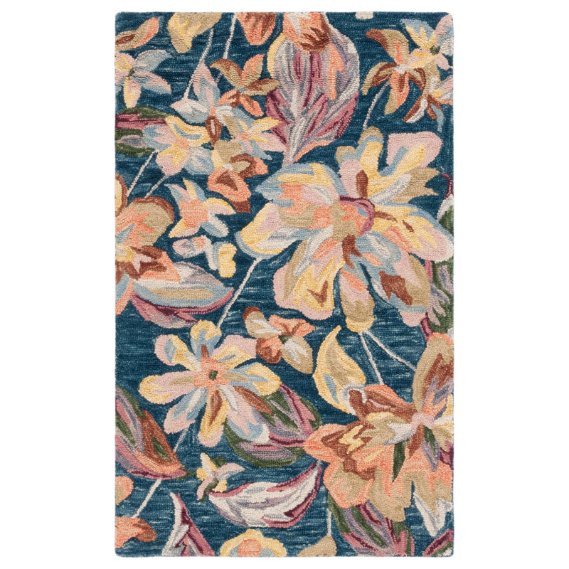 Katriona Hand Tufted Wool/Cotton Floral Rug in Gold/Blue, Rectangle 3' x 5'