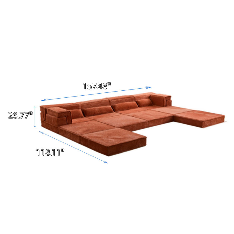 Très grand canapé modulaire sans os à quatre places avec repose-pieds, Orange