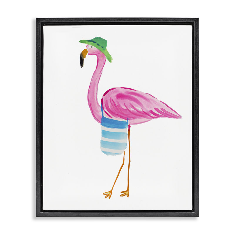 «Flamingo with Beach Tote» par Julie DeRice, H 31 po x l 25 po, Cadre flottant noir de jais