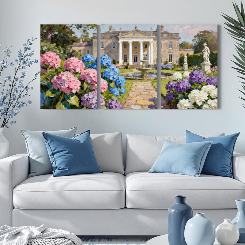 Hydrangea Garden Manor House, reproduction d'art sur toile tendue sur toile, ensemble de 3, H 18 po x l 36 po