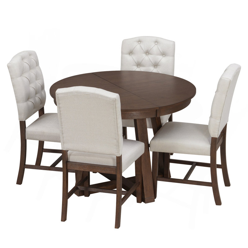 5-Piece Functional Dining Set, Round Table with a 16"W Leaf and 4 Upholstered Chairs for Dining Room and Living Room (Walnut)