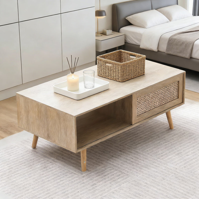 Table basse moderne en rotin avec rangement, style Boho de style Mid-Century à deux niveaux, table rectangulaire en bois pour le salon, la chambre à coucher et les petits espaces