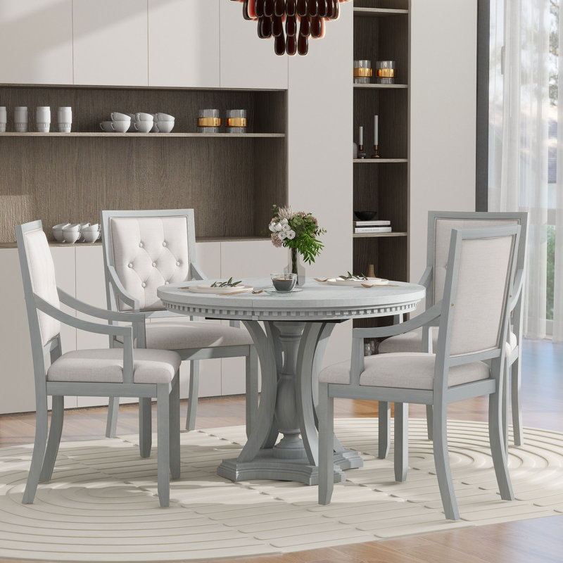 Retro 5-piece dining set extendable round table and 4 chairs,round table top with leaf,dining table set,dining room set Bowlds