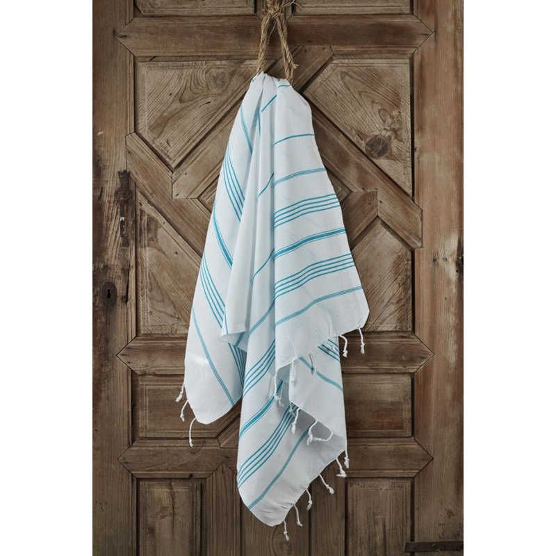 Serviette de plage 100% coton Pei, Turquoise / blanc